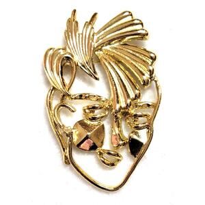 Art Deco 80s Punk Style Face Ladies Womens Brooch Pin Vintage Goldtone Retro
